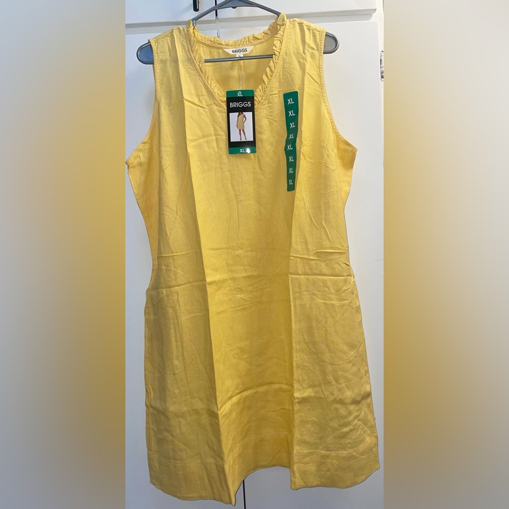 NWT XL Briggs Brand V Neck Dress, Yellow, POCKETS! Sleeveless